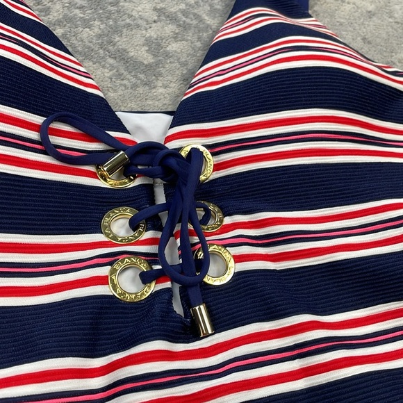 New La Blanca Sailor Striped Tankini Swim Top Red Blue Stripe Patriotic Sz 14 - Picture 5 of 10